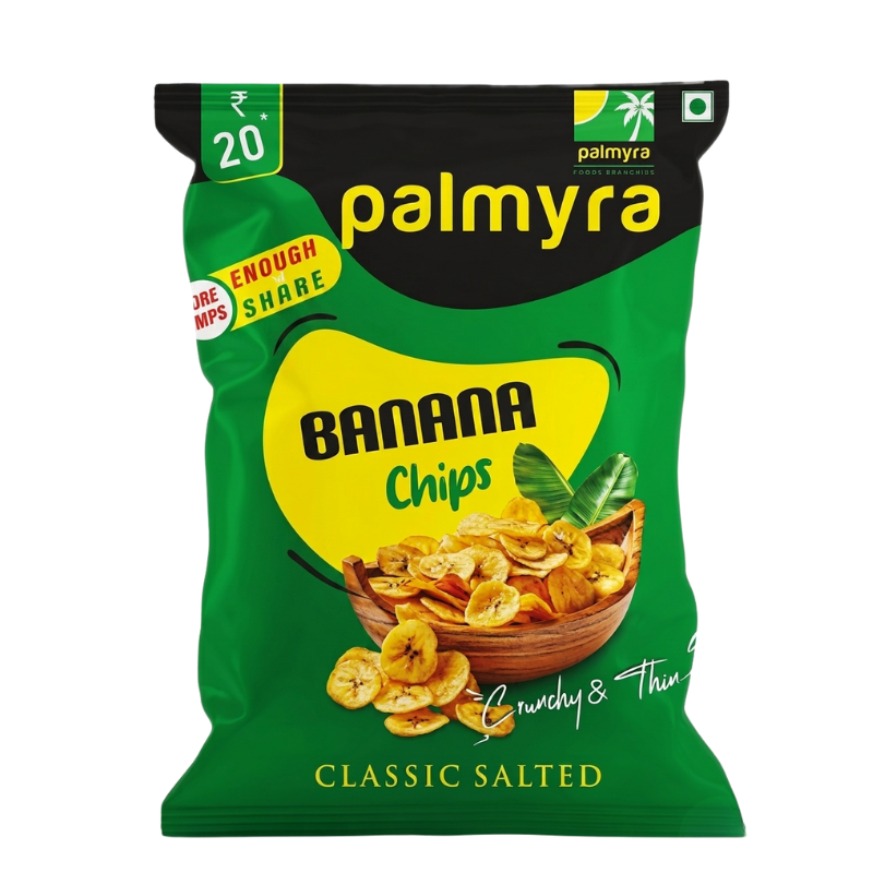A green packet of Palmyra Banana Chips in Classic Salted flavor, featuring an image of crispy banana chips in a wooden bowl, highlighting their crunchy and thin texture.