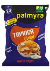 A blue packet of Palmyra Tapioca Chips in Hot & Spicy flavor, featuring an image of crispy tapioca chips in a bowl with red chilies, highlighting their strong, spicy, and fiber-rich qualities.