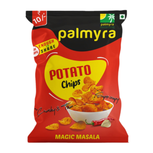 A vibrant red packet of Palmyra Potato Chips in Magic Masala flavor, featuring an image of crispy chips in a bowl with whole spices, highlighting the product's crunchy and thin texture.