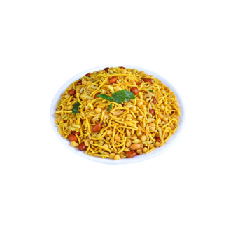 A white bowl filled with a savory Mixture snack, featuring a blend of thin fried noodles, roasted peanuts, chickpea flour clusters, and spices, garnished with curry leaves.