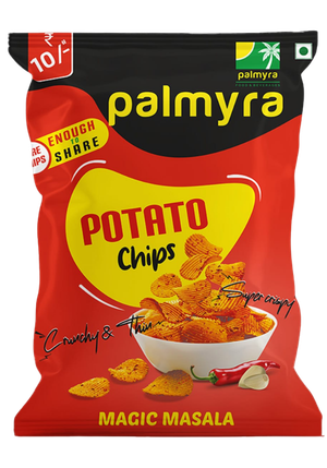 A promotional graphic for Palmyra Potato Chips, featuring a red and yellow Magic Masala-flavored bag surrounded by four benefit sections with custom red illustrations. The four sections are: Healthy Snack Alternative, Crispy Delight, Signature Palmyra Taste, and Perfect Anytime Snack. The text details describe the chips as farm-fresh, guilt-free, with no artificial flavors or preservatives, and cooked to golden perfection. The bottom text reads 'Taste the difference. Taste Palmyra.'